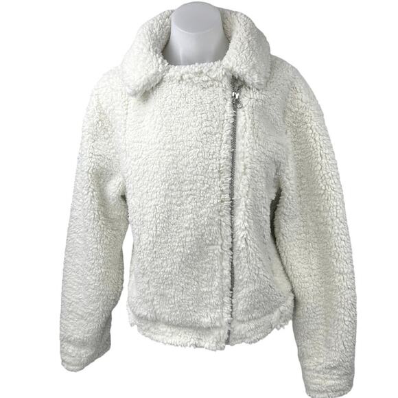 Urban Outfitters Clara Cream White Teddy Fleece Full Zip Moto Coat Jacket Size M - Picture 1 of 5